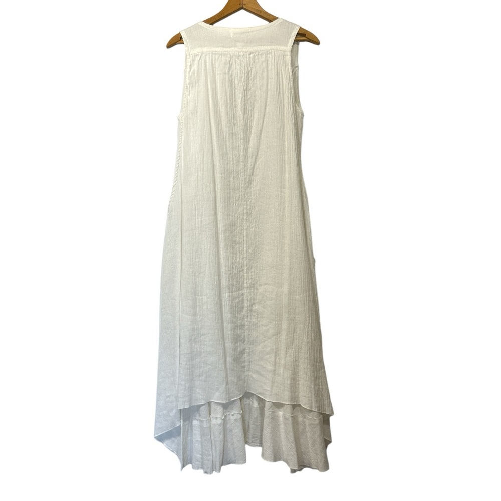 Ethnic Lagenlook White Gauze Linen Full Zip Sleeveless Midi Dress with Pockets M - Picture 9 of 11